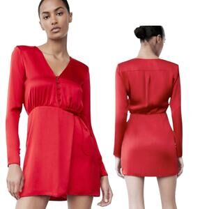 Zara Red Satin Soft Wrap Dress Size L Button Up Tie Waist Lined NWT-Read